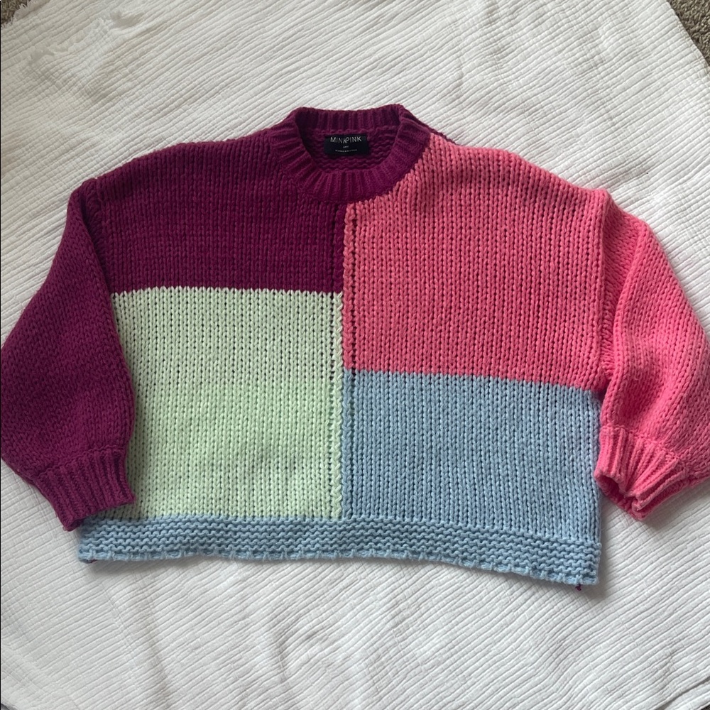 MINKPINK Colorblock Crewneck Sweater — Plum, Pink, Mint & Light Blue